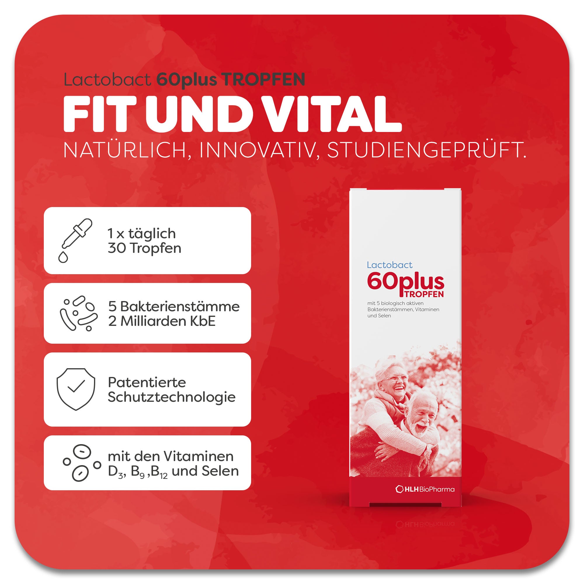 Produktbild vom Lactobact 60plus TROPFEN mit glücklichen älterem Paar auf der Verpackung. Das Produkt enthält Seelen und die Vitamine D3 B9 und B12. Durch die patentierte Schutztechnologie können die 5 Bakterienstämme ohne Wirkverlust eingenommen werden. Anwendung 1x täglich 30 Tropfen. Natürlich, innovativ, studiengeprüft.