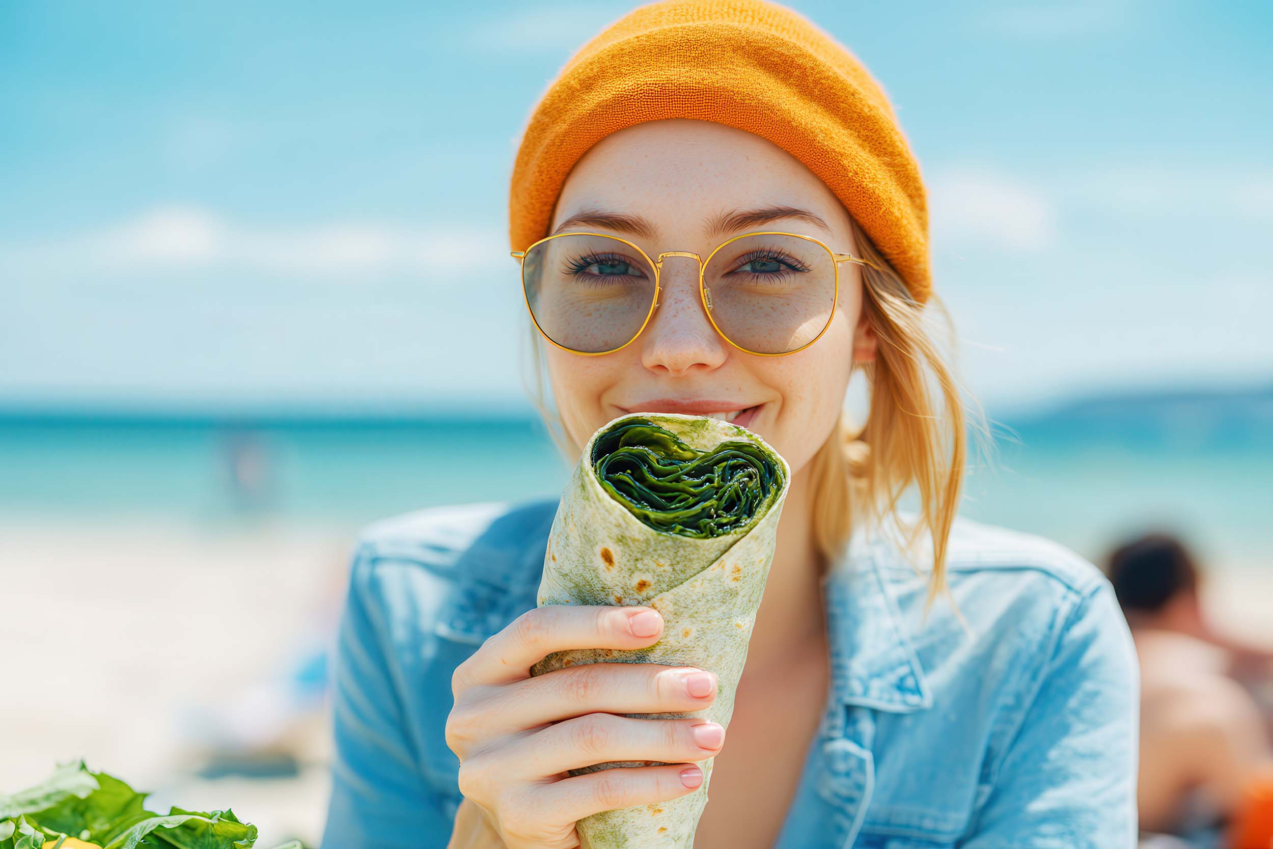 Frau mit Algenwrap am Strand blickt in die Kamera