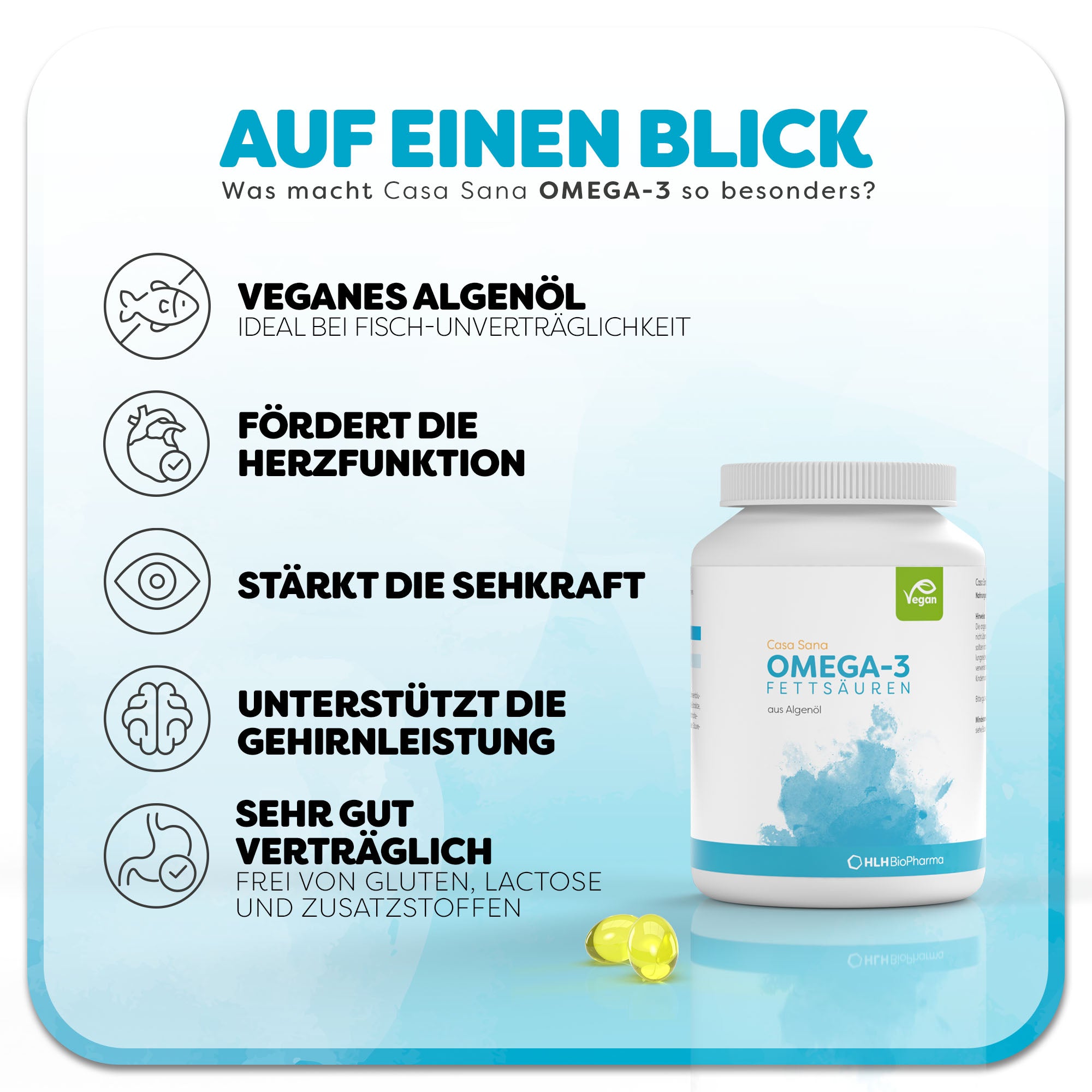 Informationsgrafik zum Casa Sana OMEGA-3 Fettsäuren: Die weiße Dose mit hellblauem Aquarell Wasserfleck auf dem Etikett steht rechts neben zwei liegenden Gelkapseln. Überschrift: Was macht Casa Sana OMEGA-3 Fettsäuren so besonders? Links befinden sich fünf Vorteile des Produkts: 1. veganes Algenöl, 2. fördert die Herzfunktion, 3. stärkt die Sehkraft, 4. unterstützt die Gehirnleistung, 5. sehr gut verträglich.