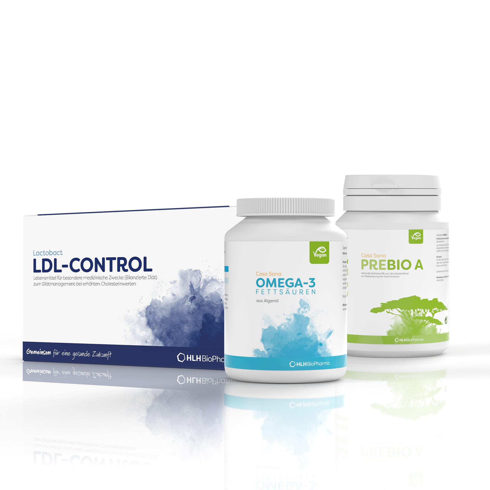 Produktbild Cholesterin & Arterienschutz-Paket: Links Lactobact LDL-Control 902 Kapseln, rechts Casa Sana PREBIO A 110g und in der Mitte Casa Sana OMEGA-3 FETTSÄUREN 90 Kapseln