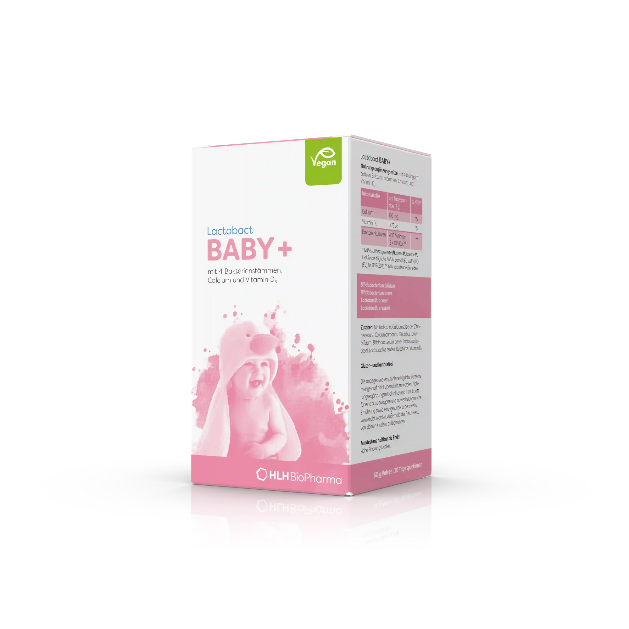 Produktbild schräge Ansicht der Kartonage Lactobact Baby+ 60g. mit in einem Handtuch eingewickelten Baby auf der rosa Verpackung.