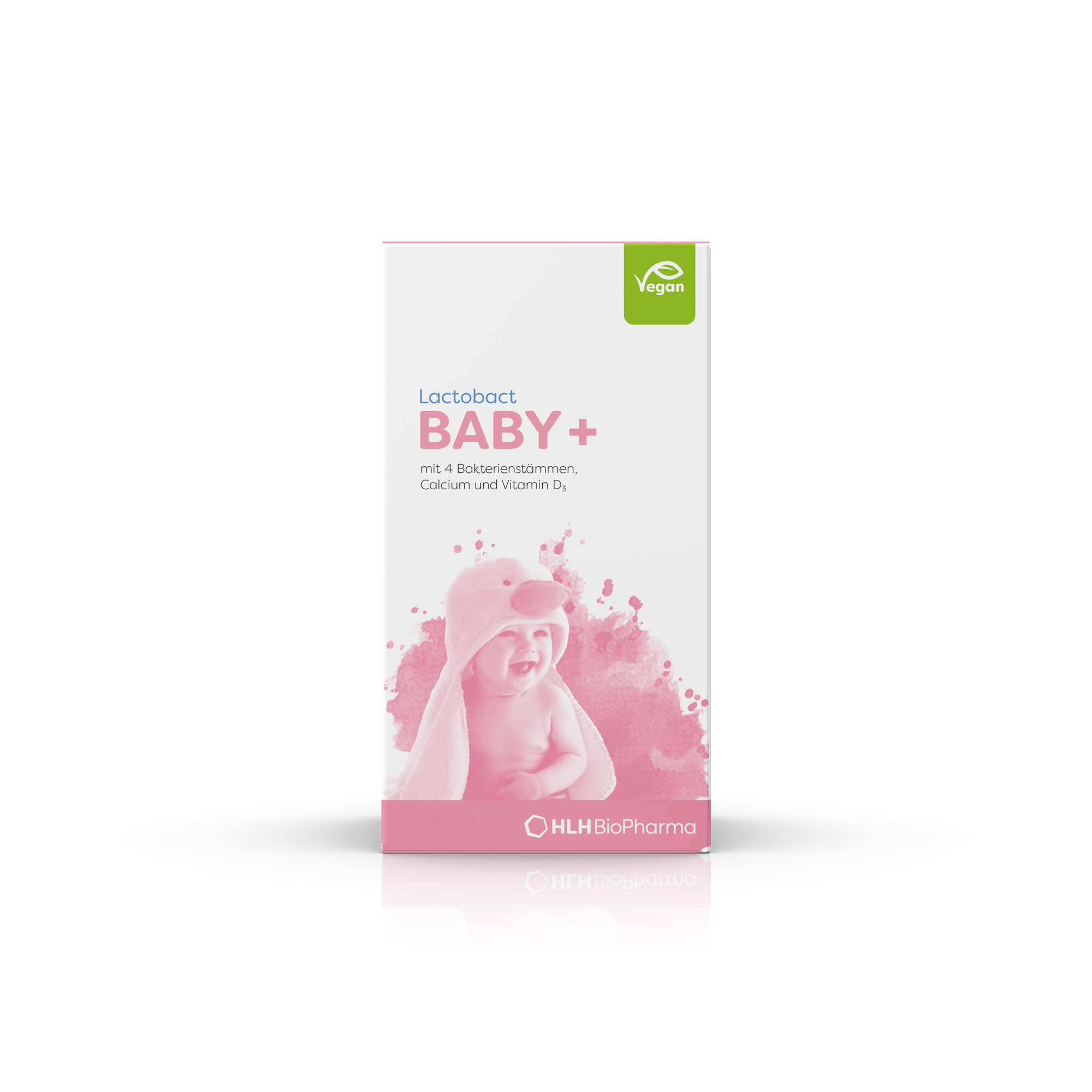 Produktbild der Kartonage Lactobact Baby+ 60g. mit in einem Handtuch eingewickelten Baby auf der rosa Verpackung.