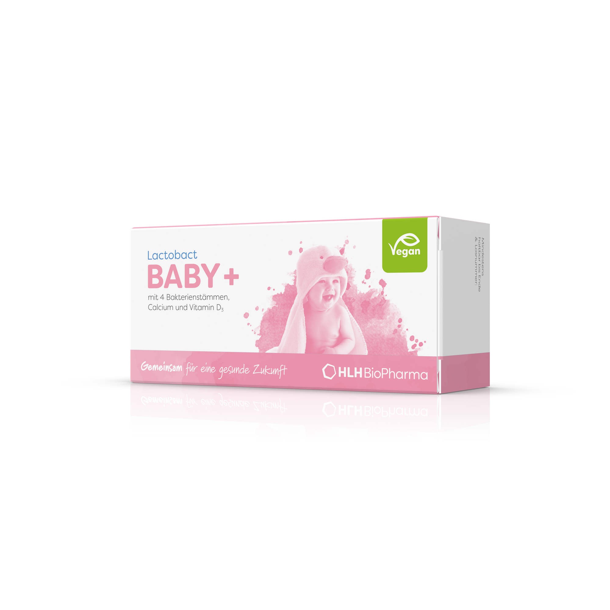 Produktbild der Kartonage Lactobact Baby+ mit in einem Handtuch eingewickelten Baby auf dem Etikett.  7 Tage Packung