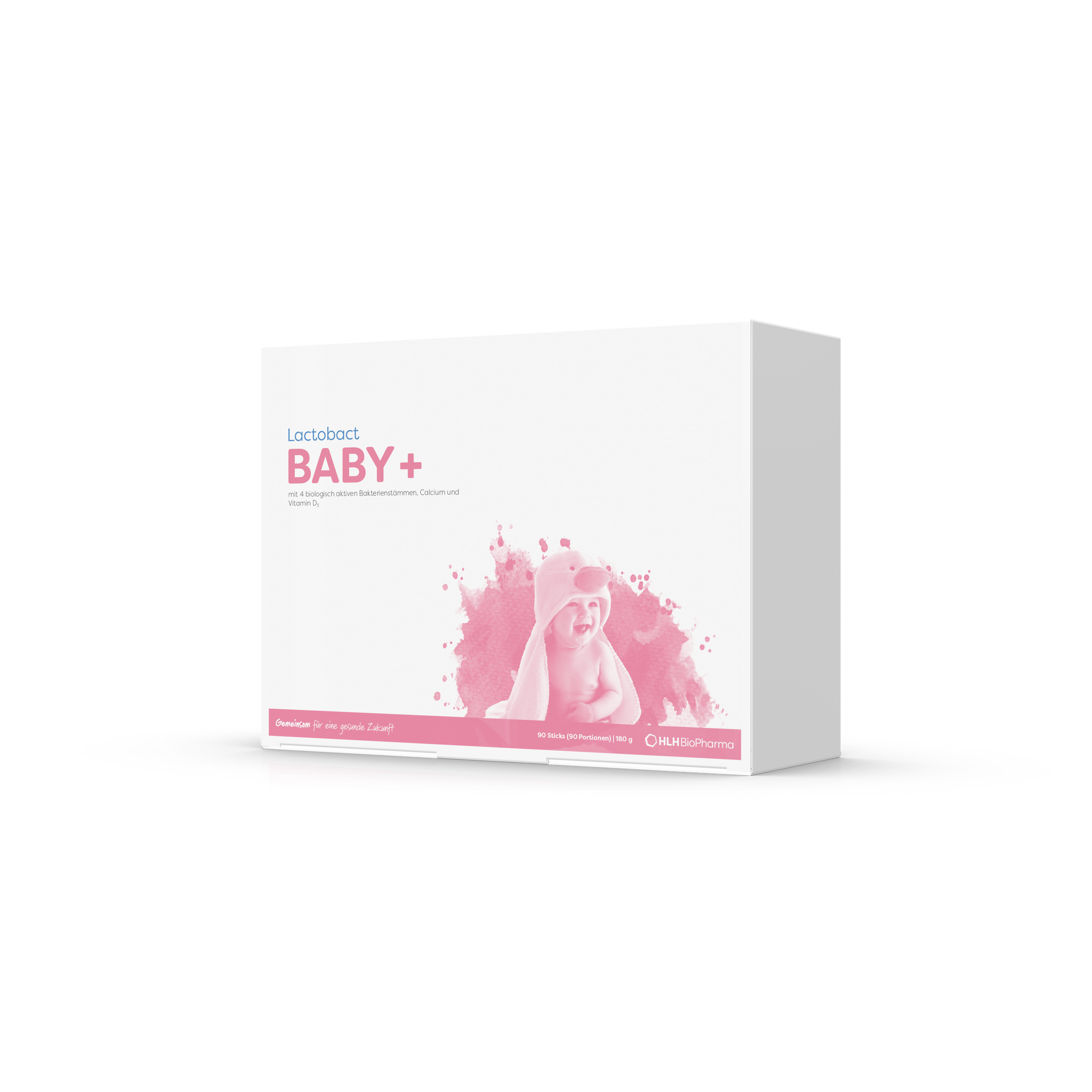 Produktbild der Kartonage Lactobact Baby+ mit in einem Handtuch eingewickelten Baby auf dem Etikett. 3-Monatspackung