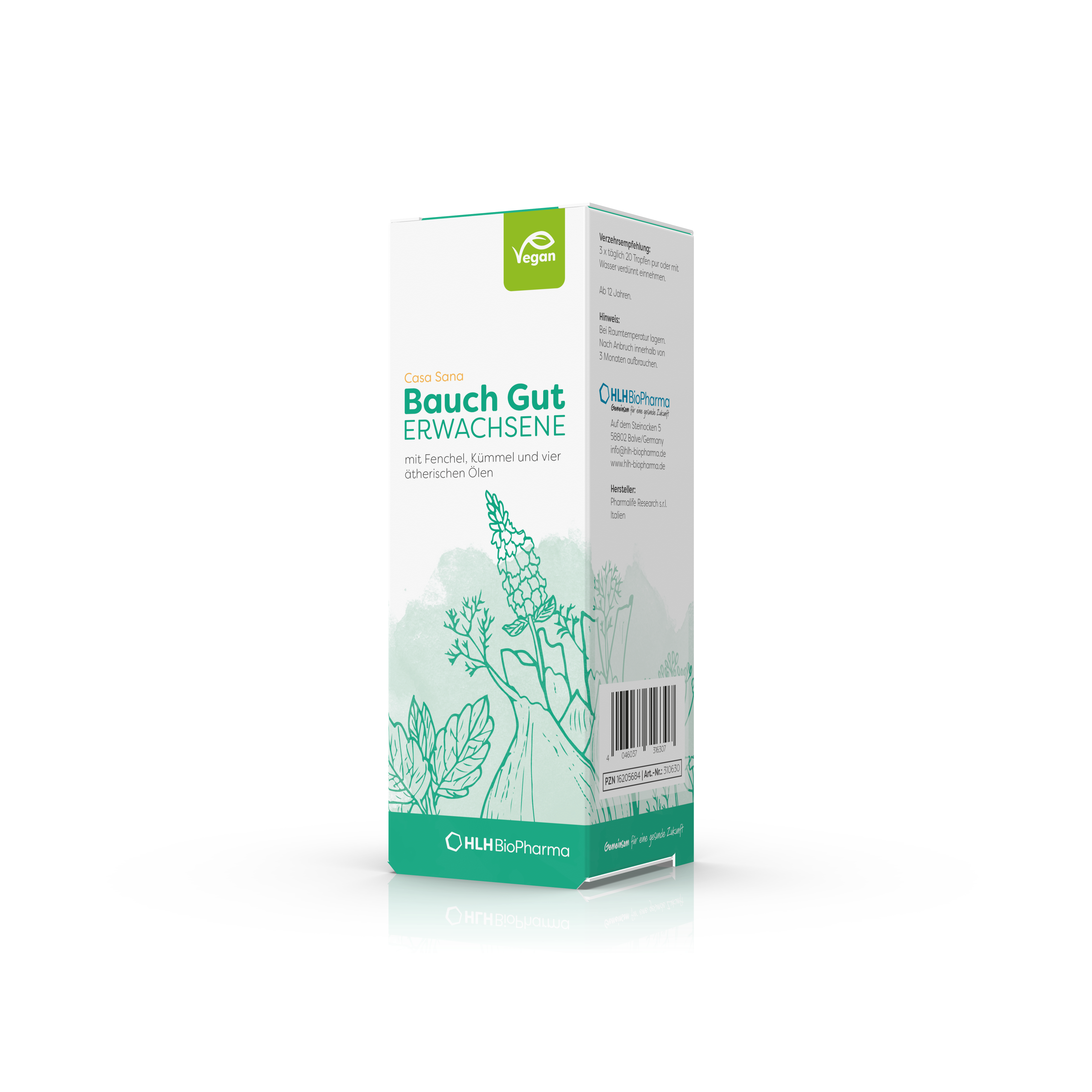 Produktbild schräge Ansicht des Casa Sana Bauch Gut ERWACHSENE mit grüner Silhouette einiger Pflanzen auf der Verpackung.