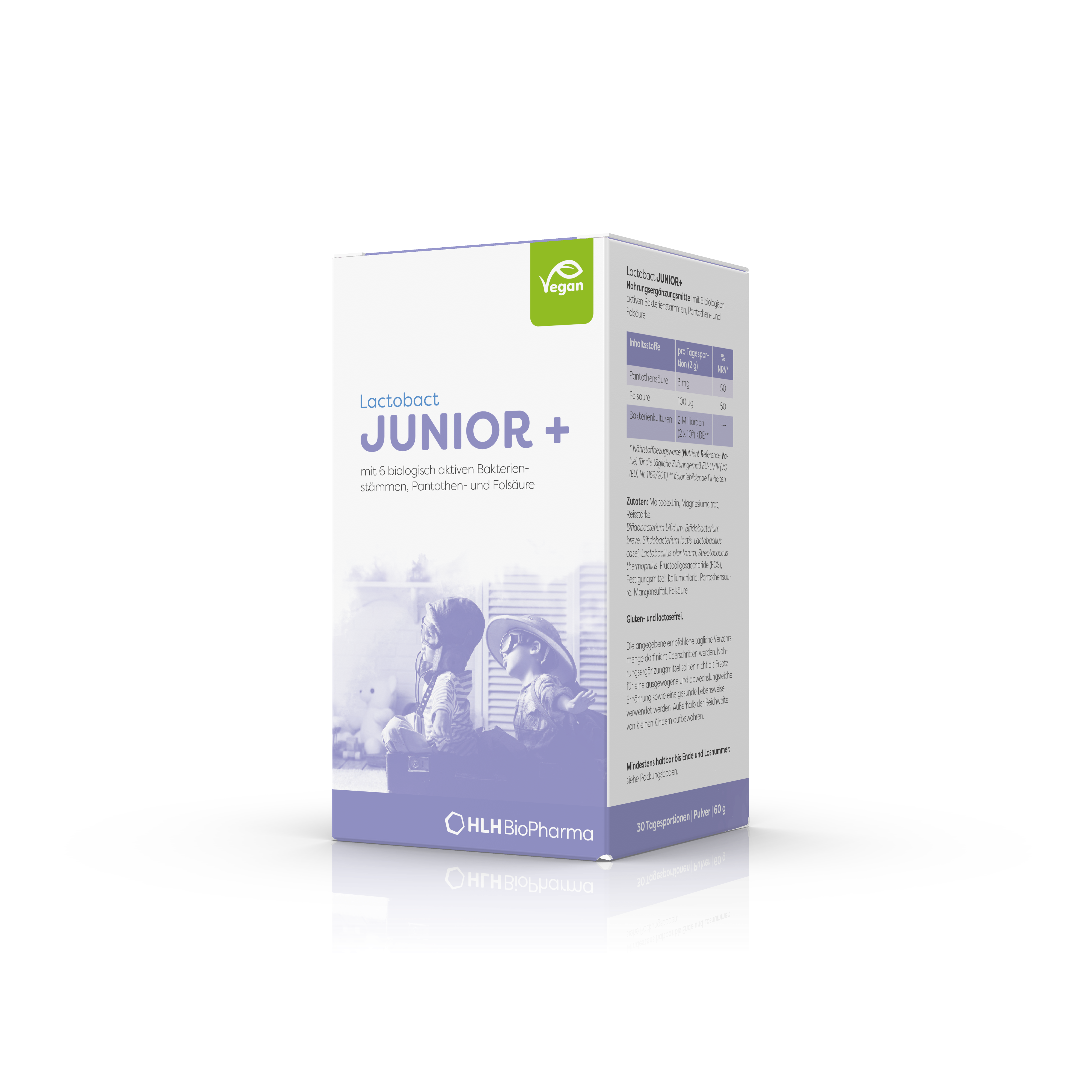 Produktbild schräge Ansicht von Lactobact JUNIOR+ 60 g mit zwei spielenden Kindern auf lilafarbener Verpackung.