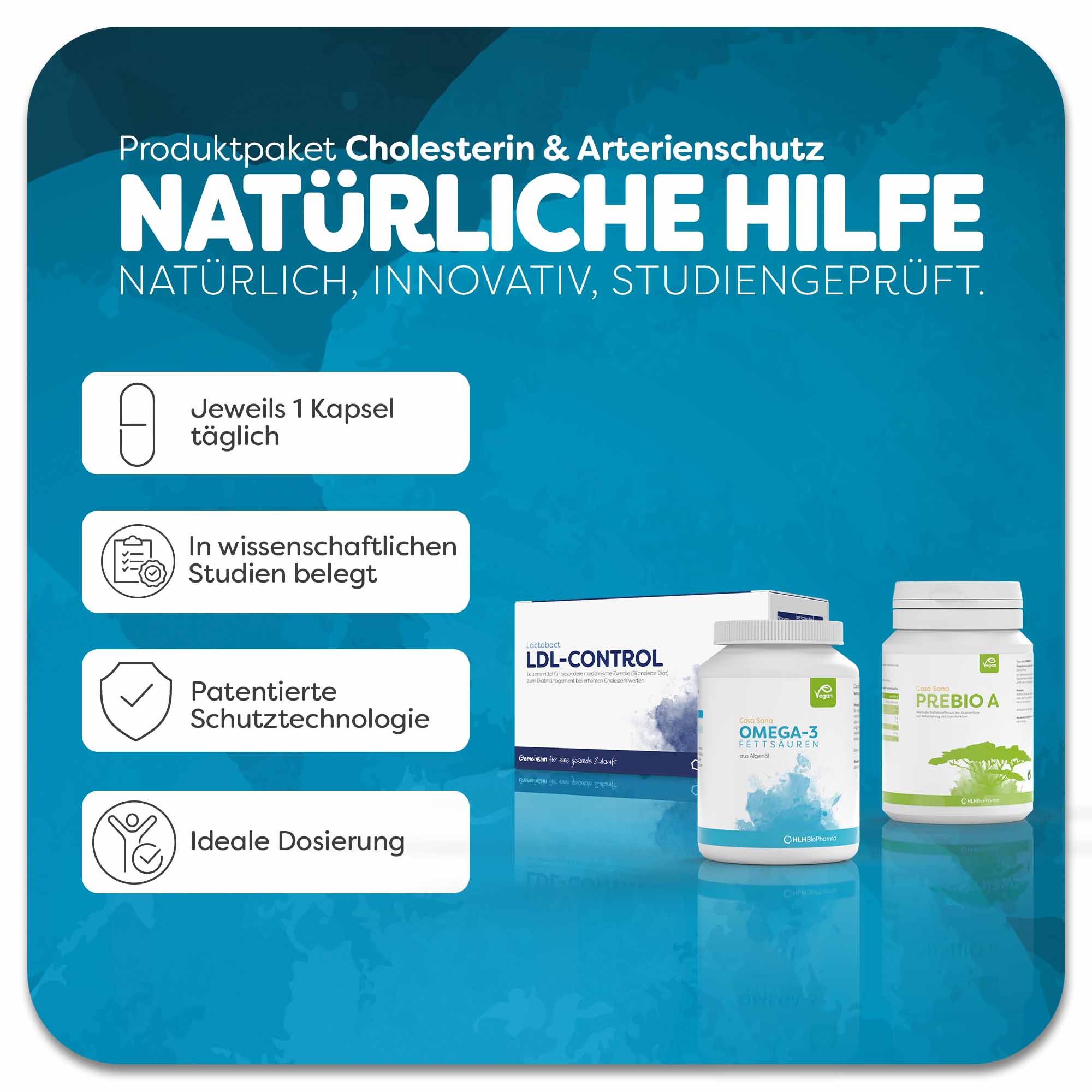 Cholesterin & Arterienschutz Paket mit Einnahmeempfehlung für natürliche Hilfe mit Lactobact LDL-Control, Casa Sana OMEGA-3 und Casa Sana PREBIO A