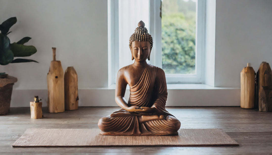 Meditationsraum mit sitzender Buddha-Figur aus Holz vor Fenster; harmonische Atmosphäre für Yoga und Ruhe