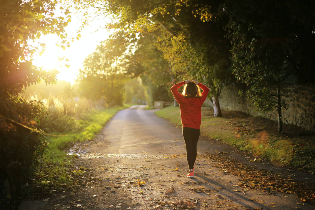 Frau joggt durch den Wald. Die Sonne scheint