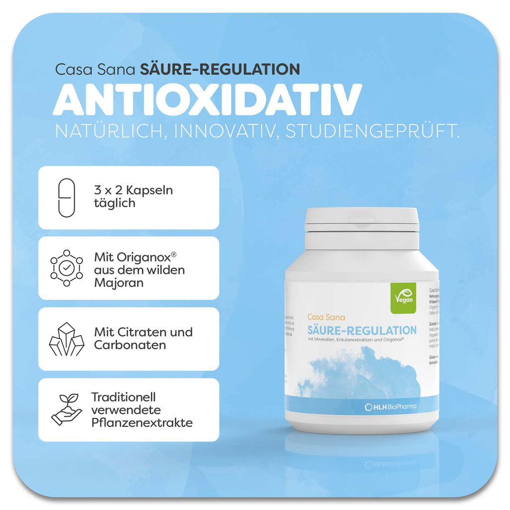 Produktbild von Casa Sana SÄURE-REGULATION mit hellblauem Aquarell-Wasserfleck auf der Verpackung. Mit Origanox® aus wildem Majoran, Citraten und Carbonaten sowie traditionell verwendeten Pflanzenextrakten. Anwendung: 3× täglich 2 Kapseln. Natürlich, innovativ, studiengeprüft.