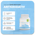 Produktbild von Casa Sana SÄURE-REGULATION mit hellblauem Aquarell-Wasserfleck auf der Verpackung. Mit Origanox® aus wildem Majoran, Citraten und Carbonaten sowie traditionell verwendeten Pflanzenextrakten. Anwendung: 3× täglich 2 Kapseln. Natürlich, innovativ, studiengeprüft.