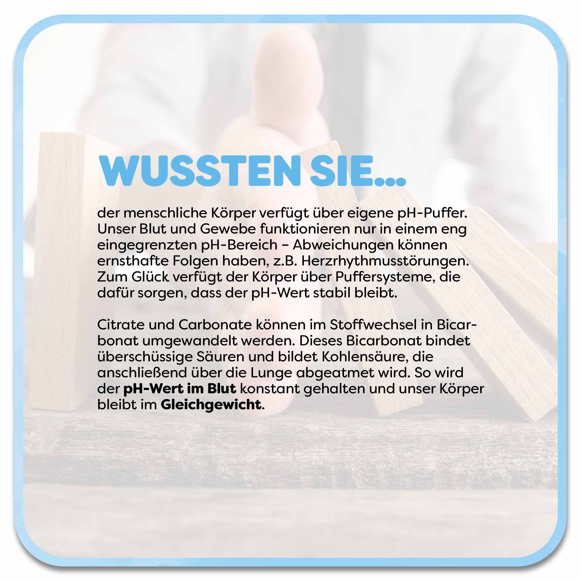Im Hintergrund stoppt eine schützende Hand den Zerfall mehrerer aufrecht stehender Holzklötze, die wie Dominosteine angeordnet sind. Im Vordergrund befindet sich ein Textfeld mit der Überschrift „Wussten Sie…“ in hellblauer Schrift. Darunter steht: