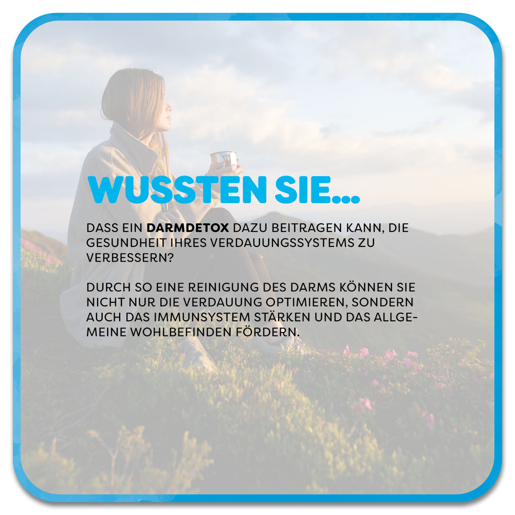 Auf dem Bild: Mann gibt Kleinkind Saft auf einem Löffel. Im Vordergrund steht ein Textfeld mit der Überschrift ‚Wussten Sie…‘ in hellblauer Schrift. Darunter steht: dass ein Darmdetox dazu beitragen kann, die Gesundheit Ihres Verdauungssystems zu verbessern? Durch so eine Reinigung des Darms können Sie nicht nur die Verdauung optimieren, sondern auch das Immunsystem stärken und das allgemeine Wohlbefinden fördern.