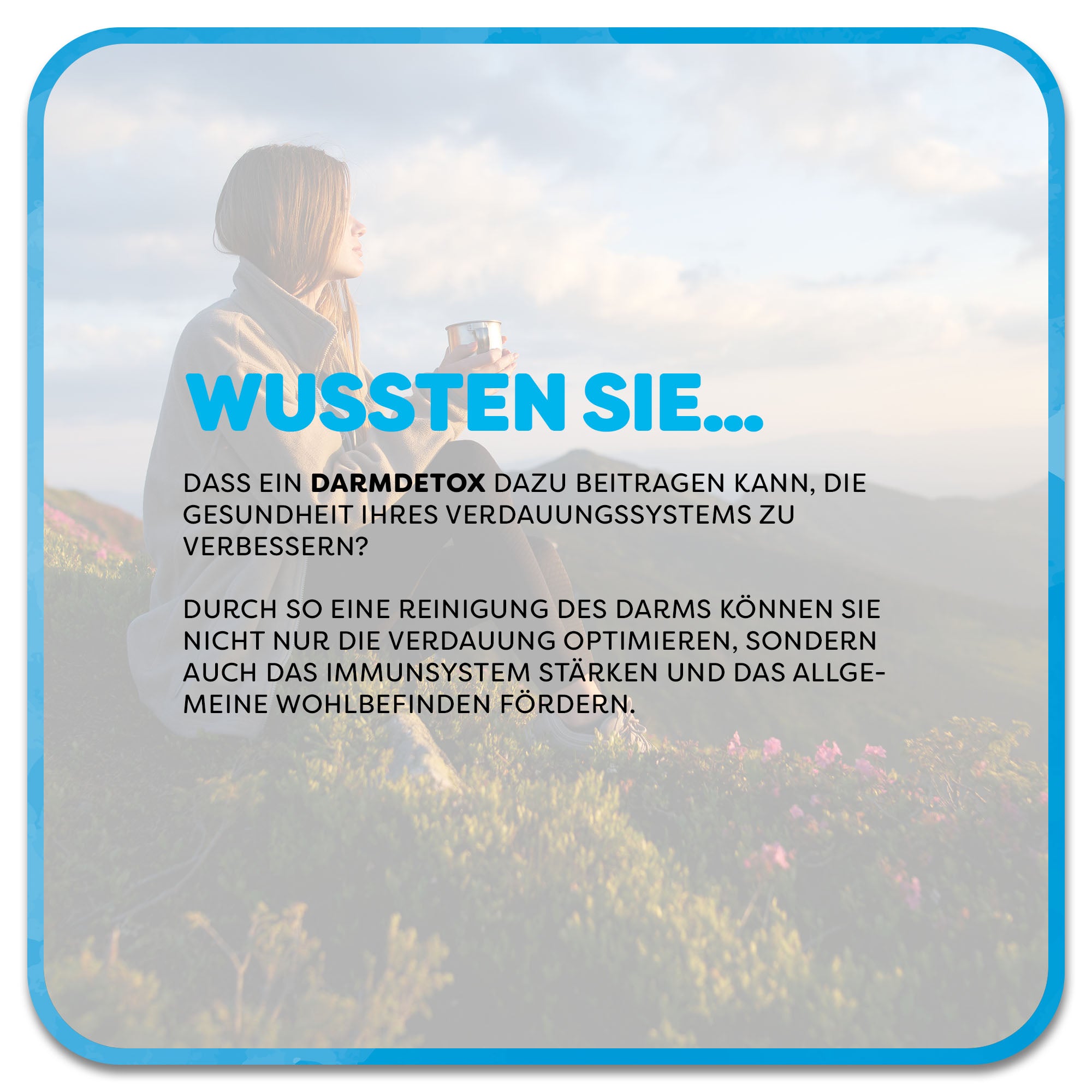 Auf dem Bild: Mann gibt Kleinkind Saft auf einem Löffel. Im Vordergrund steht ein Textfeld mit der Überschrift ‚Wussten Sie…‘ in hellblauer Schrift. Darunter steht: dass ein Darmdetox dazu beitragen kann, die Gesundheit Ihres Verdauungssystems zu verbessern? Durch so eine Reinigung des Darms können Sie nicht nur die Verdauung optimieren, sondern auch das Immunsystem stärken und das allgemeine Wohlbefinden fördern.