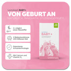 Produktbild des Lactobact Baby+ mit in einem Handtuch eingewickelten Baby auf der rosa Verpackung. Das Produkt ist rein pflanzlich und enthält Calcium, Vitamin D3 und 4 Bakterienstämme. Anwendung 2x täglich einen Messlöffel, der im Lieferumfang enthalten ist. 