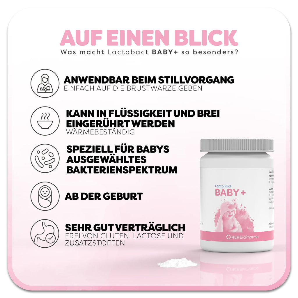 Informationsgrafik zum Lactobact Baby+. Eine weiße Dose mit in einem Handtuch eingewickelten Baby auf dem Etikett. Überschrift: Was macht Lactobact Baby+ so besonders? Links befinden sich fünf Vorteile des Produkts: 1. anwendbar beim Stillvorgang, 2. Kann in Flüssigkeit und Brei eingerührt werden, 3. speziell für Babys ausgewähltes Bakterienspektrum, 4. ab der Geburt, 5.  Sehr gut verträglich