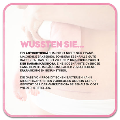 Auf dem Bild: Frau mit Kaiserschnittnarbe hält Baby im Arm. Im Vordergrund steht ein Textfeld mit der Überschrift ‚Wussten Sie…‘ in rosa Schrift. Darunter steht: Ein Antibiotikum eliminiert nicht nur krankmachende Bakterien, sondern ebenfalls gute Bakterien. Das führt zu einem Ungleichgewicht der Darmmikrobiota. Eine sogenannte Dysbiose kann bereits im Säuglingsalter verschiedene Erkrankungen begünstigen. Die Gabe von Probiotischen Bakterien kann diesen Krankheiten vorbeugen.