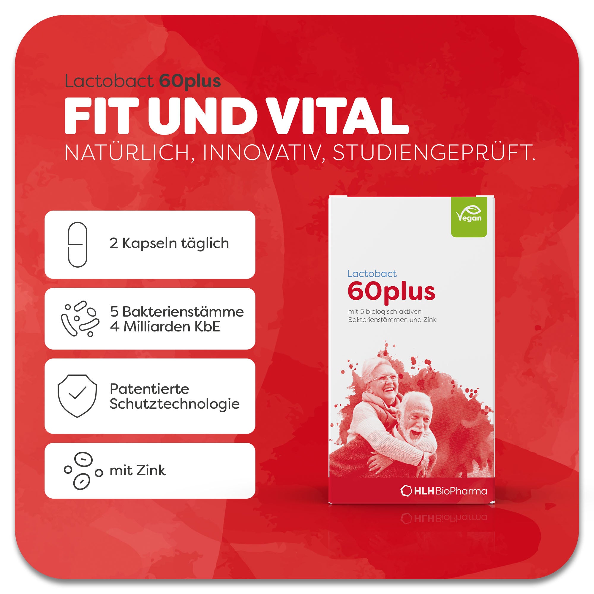 Produktbild von Lactobact 60plus 60 Kapseln mit glücklichem älteren Paar und rotem Aquarell Wasserfleck auf der Verpackung. Dank der patentierten Schutztechnologie gelangen die 5 Bakterienstämme und Zink sicher in den Darm. Anwendung 2 Kapseln täglich. Natürlich, innovativ, studiengeprüft.