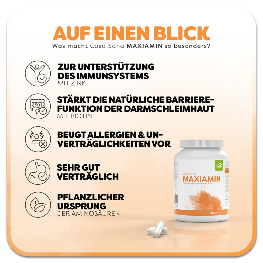 Informationsgrafik zum Casa Sana MAXIAMIN: Die weiße Dose mit orangenem Aquarell Wasserfleck auf dem Etikett steht rechts neben zwei liegenden Kapseln. Überschrift: Was macht Casa Sana MAXIAMIN so besonders? Links befinden sich fünf Vorteile des Produkts: 1. zur Unterstützung des Immunsystems, 2. stärkt die natürliche Barrierefunktion der Darmschleimhaut, 3. beugt Allergien & Unverträglichkeiten vor, 4. sehr gut verträglich, 5. Pflanzlicher Ursprung