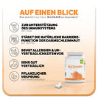 Informationsgrafik zum Casa Sana MAXIAMIN: Die weiße Dose mit orangenem Aquarell Wasserfleck auf dem Etikett steht rechts neben zwei liegenden Kapseln. Überschrift: Was macht Casa Sana MAXIAMIN so besonders? Links befinden sich fünf Vorteile des Produkts: 1. zur Unterstützung des Immunsystems, 2. stärkt die natürliche Barrierefunktion der Darmschleimhaut, 3. beugt Allergien & Unverträglichkeiten vor, 4. sehr gut verträglich, 5. Pflanzlicher Ursprung