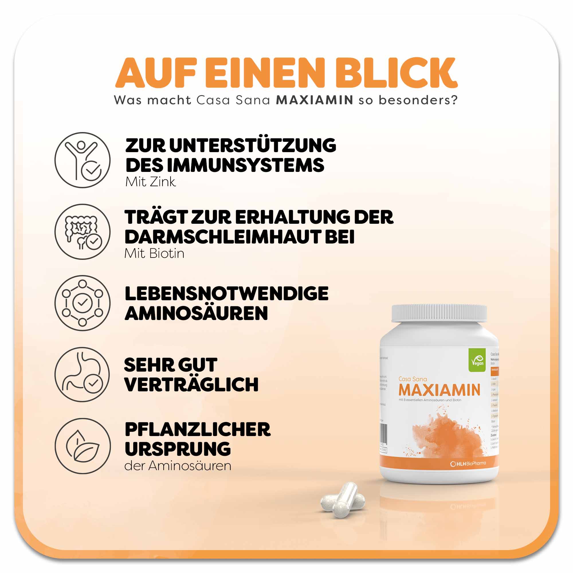 Informationsgrafik zu Casa Sana MAXIAMIN: Eine Dose mit orangefarbenem Wasserfleck auf dem Etikett, daneben liegen zwei weiße Kapseln. Überschrift: Was macht Casa Sana MAXIAMIN so besonders? Links befinden sich fünf Vorteile des Produkts: 1. Zur Unterstützung des Immunsystems mit Zink, 2. Trägt zur Erhaltung der Darmschleimhaut bei mit Biotin, 3. Lebensnotwendige Aminosäuren, 4. Sehr gut verträglich, 5. Pflanzlicher Ursprung der Aminosäuren.