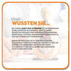 Auf dem Bild: Arzt hält Lupe vor Torsoskulptur. Im Vordergrund steht: Wussten Sie‘ in orangener Schrift. Darunter steht: Bei einem Leaky-Gut-Syndrom ist die Darmwand durchlässiger als normal, was zu einer erhöhten Passage von unverdauten Nahrungspartikeln, Toxinen und anderen Substanzen in den Blutkreislauf führen kann. Aminosäuren zählen zu den wichtigsten Schleimhautprotektoren. Sie unterstützen die natürliche Barrierefunktion der Darmschleimhaut und regulieren das darmassoziierte Immunsystem.
