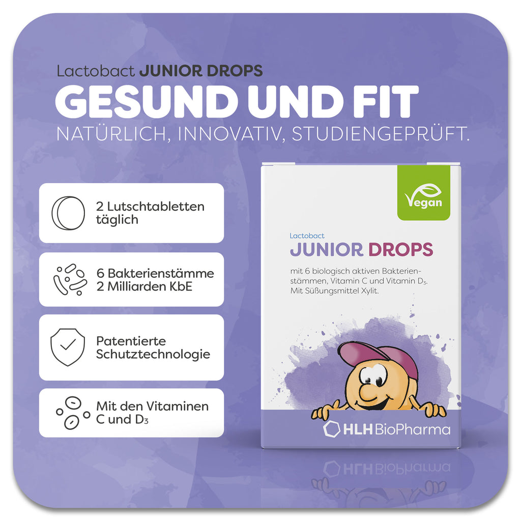 Produktbild von Lactobact JUNIOR DROPS 60 Drops mit lilafarbenem Aquarell Wasserfleck und Karikatur mit freundlichem Gesicht und rosa Cappy auf der Verpackung. Dank der patentierten Schutztechnologie gelangen die 6 Bakterienstämme, Vitamin C und D3 Inulin sicher in den Darm. Anwendung 2 Lutschtabletten täglich. Natürlich, innovativ, studiengeprüft.