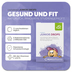 Produktbild von Lactobact JUNIOR DROPS 60 Drops mit lilafarbenem Aquarell Wasserfleck und Karikatur mit freundlichem Gesicht und rosa Cappy auf der Verpackung. Dank der patentierten Schutztechnologie gelangen die 6 Bakterienstämme, Vitamin C und D3 Inulin sicher in den Darm. Anwendung 2 Lutschtabletten täglich. Natürlich, innovativ, studiengeprüft.