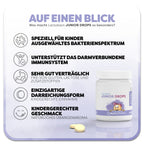 Informationsgrafik zu Lactobact JUNIOR DROPS: Eine weiße Dose mit lilafarbenem Aquarell Wasserfleck und Karikatur mit freundlichem Gesicht und rosa Cappy auf dem Etikett steht rechts neben zwei Drops. Überschrift: Was macht Lactobact JUNIOR DROPS so besonders? Links befinden sich fünf Vorteile des Produkts: 1. Speziell für Kinder ausgewähltes Bakterienspektrum, 2. unterstützt das darmverbundene Immunsystem, 3. sehr gut verträglich, 4. einzigartige Darreichungsform, 5. kindgerechter Geschmack.