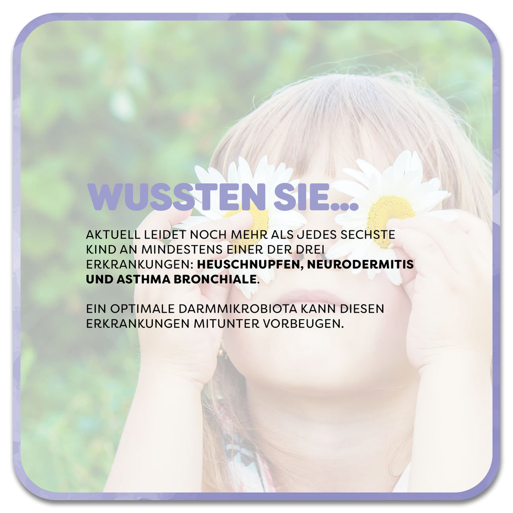 Auf dem Bild: Kind hält sich Margeritenblumen als Brille vor die Augen. Im Vordergrund steht: Wussten Sie…‘ in lila Schrift. Darunter steht: Aktuell leidet noch mehr als jedes sechste Kind an mindestens einer der drei Erkrankungen: Heuschnupfen, Neurodermitis und Asthma bronchiale. Ein optimale Darmmikrobiota kann diesen Erkrankungen mitunter vorbeugen.