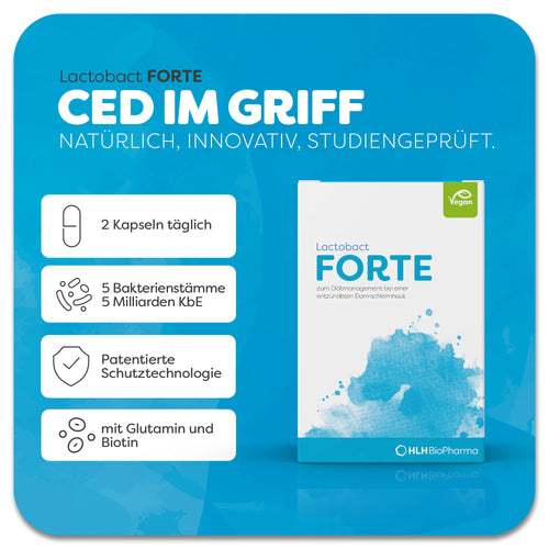 Produktbild von Lactobact FORTE mit hellblauem Aquarell Wasserfleck auf der Verpackung. Dank der patentierten Schutztechnologie gelangen Glutamin, Biotin und die 5 Bakterienstämme sicher in den Darm. Anwendung 2 Kapseln täglich. Natürlich, innovativ, studiengeprüft.