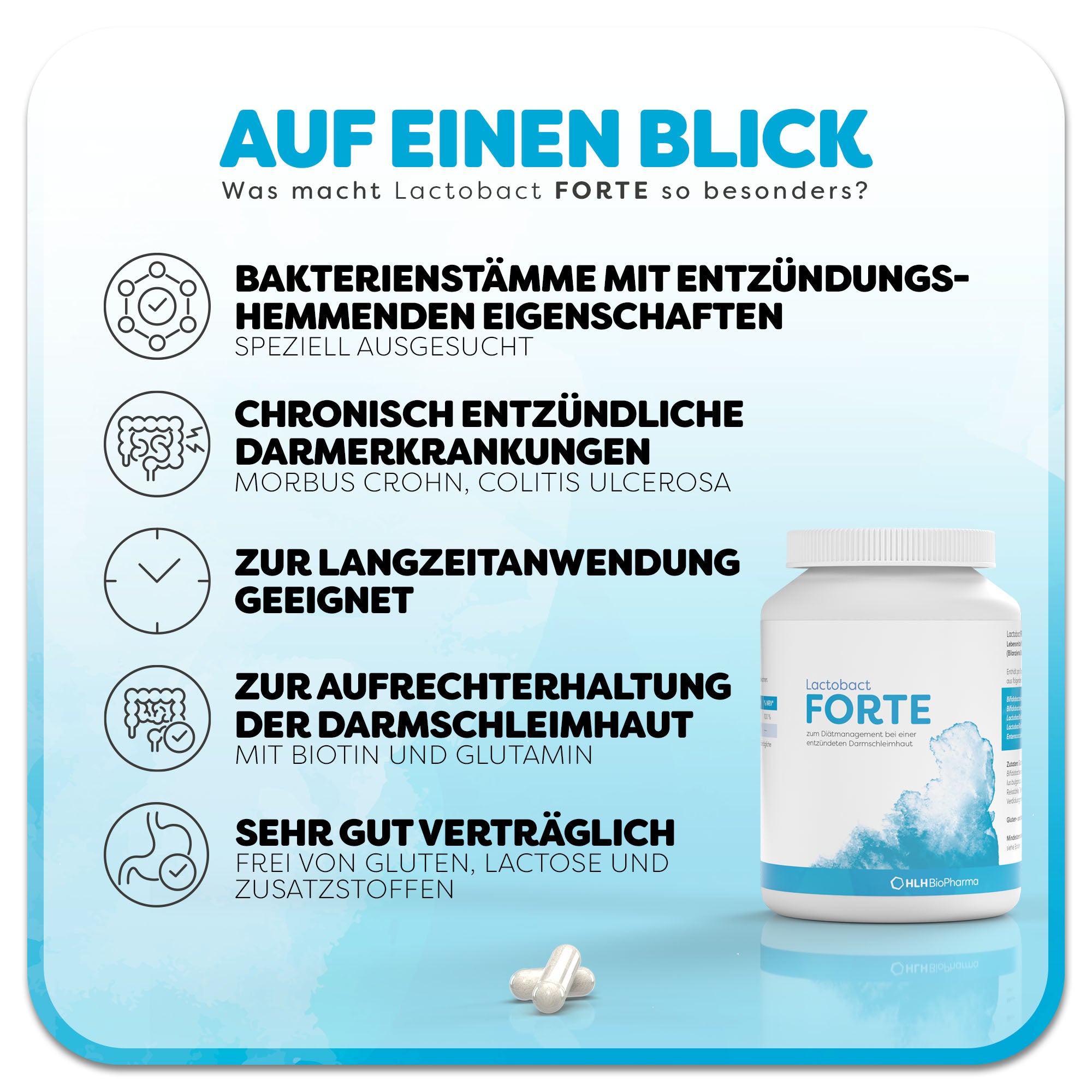 Informationsgrafik zu Lactobact FORTE: Eine weiße Dose mit hellblauem Aquarell Wasserfleck auf dem Etikett steht rechts neben zwei Kapseln. Überschrift: Was macht Lactobact FORTE so besonders? Links befinden sich fünf Vorteile des Produkts: 1. Bakterienstämme mit entzündungshemmenden Eigenschaften, 2. chronisch entzündliche Darmerkrankungen, 3. zur Langzeitanwendung geeignet, 4. zur Aufrechterhaltung der Darmschleimhaut, 5. sehr gut verträglich.