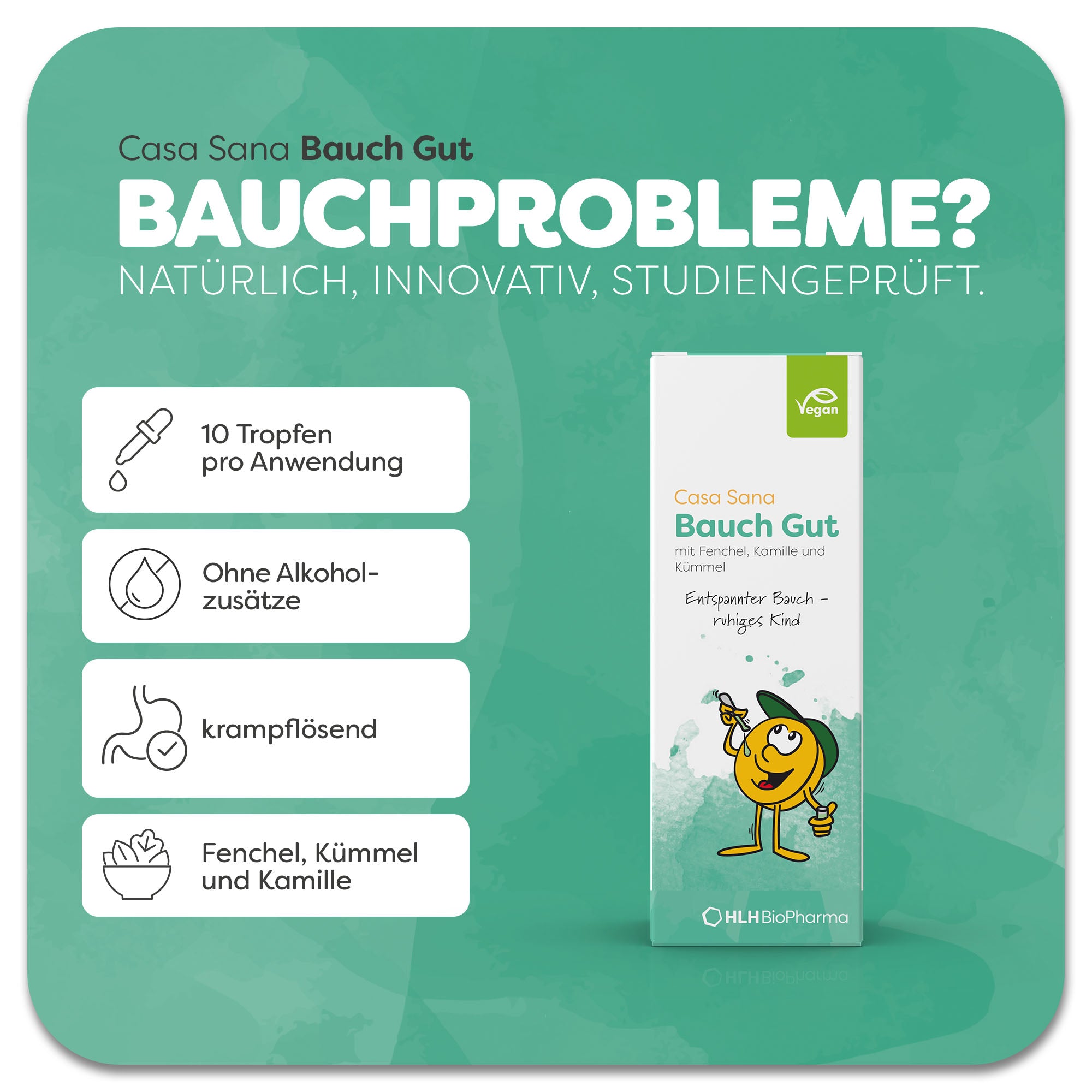Produktbild von Casa Sana Bauch Gut mit grünem Aquarell Wasserfleck auf der Verpackung. Darauf zusehen: Karikatur mit Löffel und Bauch Gut Tropfen in der Hand.  Das Produkt enthält Fenchel, Kümmel und Kamille. Die Tropfen wirken krampflösend und enthalten keine Alkoholzusätze. 10 Tropfen pro Anwendung.  Natürlich, innovativ, studiengeprüft.