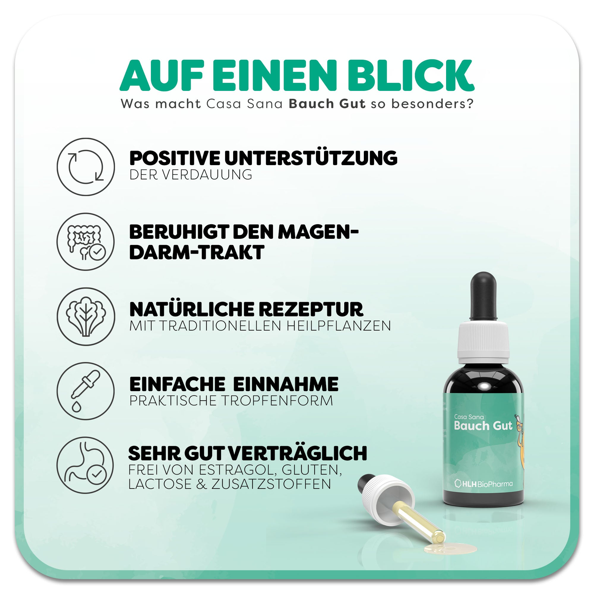 Informationsgrafik zum Casa Sana Bauch: Ein braunes Fläschchen mit grünem Etikett steht neben der liegenden Pipette. Überschrift: Was macht Casa Sana Bauch Gut so besonders? Links befinden sich fünf Vorteile des Produkts: 1. positive Unterstützung, 2. beruhigt den Magen-Darm-Trakt, 3. natürliche Rezeptur, 4. einfache Einnahme, 5. sehr gut Verträglich.