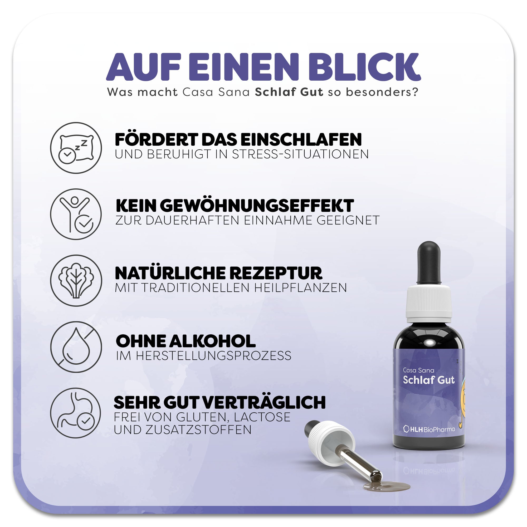 Informationsgrafik zum Casa Sana Schlaf Gut: Eine braune Flasche mit lilafarbenem Kinderetikett und Karikatur mit müdem Gesicht steht rechts neben einer liegenden Pipette. Überschrift: Was macht Casa Sana Schlaf Gut so besonders? Links befinden sich fünf Vorteile des Produkts: 1. Fördert das Einschlafen, 2. kein Gewöhnungseffekt, 3. Natürliche Rezeptur, 4. ohne Alkohol, 5. Sehr gut verträglich.