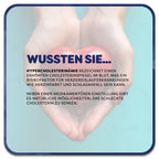 Auf dem Bild: Hände umschließen ein symbolisches Herz. Im Vordergrund steht: Wussten Sie…‘ in dunkelblauer Schrift. Darunter steht: Hypercholesterinämie bezeichnet einen erhöhten Cholesterinspiegel im Blut, was ein Risikofaktor für Herzkreislauferkrankungen wie Herzinfarkt und Schlaganfall sein kann. Neben einer medikamentösen Einstellung gibt es natürliche Möglichkeiten, das schlechte Cholesterin zu senken.