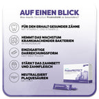 Informationsgrafik zum DentaSan ProbioPROTECT: Das Produkt mit lilafarbenem Aquarell Wasserfleck und einer Zahn-Abbildung auf der Verpackung steht rechts neben zwei liegenden Sticks. Überschrift: Was macht DentaSan ProbioPROTECT so besonders? Links befinden sich fünf Vorteile des Produkts: 1. Für den Erhalt gesunder Zähne, 2. Hemmt das Wachstum krankmachender Bakterien, 3. einzigartige Darreichungsform, 4. Stärkt das Zahnbett und Zahnfleisch, 5. neutralisiert Plaquesäuren.