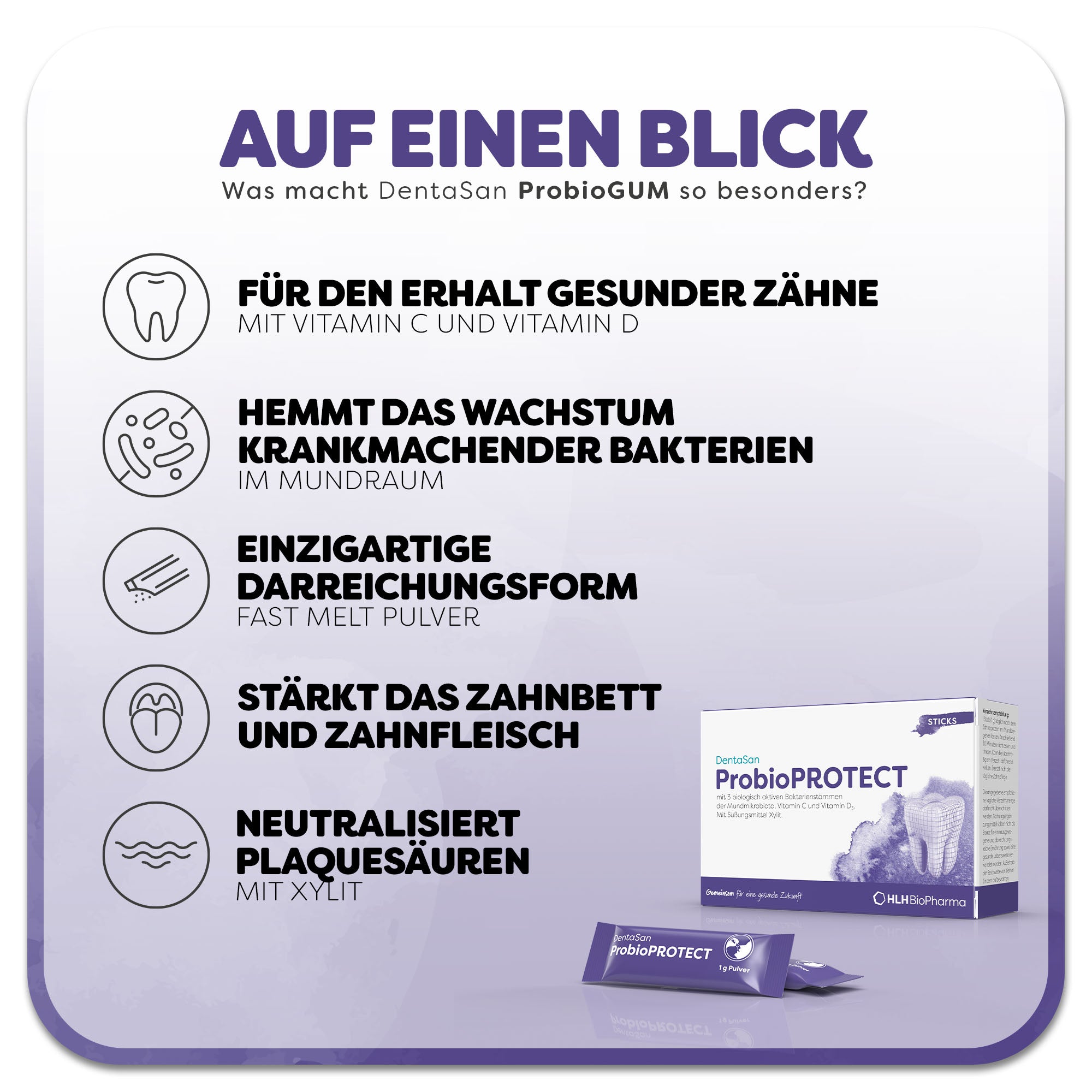 Informationsgrafik zum DentaSan ProbioPROTECT: Das Produkt mit lilafarbenem Aquarell Wasserfleck und einer Zahn-Abbildung auf der Verpackung steht rechts neben zwei liegenden Sticks. Überschrift: Was macht DentaSan ProbioPROTECT so besonders? Links befinden sich fünf Vorteile des Produkts: 1. Für den Erhalt gesunder Zähne, 2. Hemmt das Wachstum krankmachender Bakterien, 3. einzigartige Darreichungsform, 4. Stärkt das Zahnbett und Zahnfleisch, 5. neutralisiert Plaquesäuren.