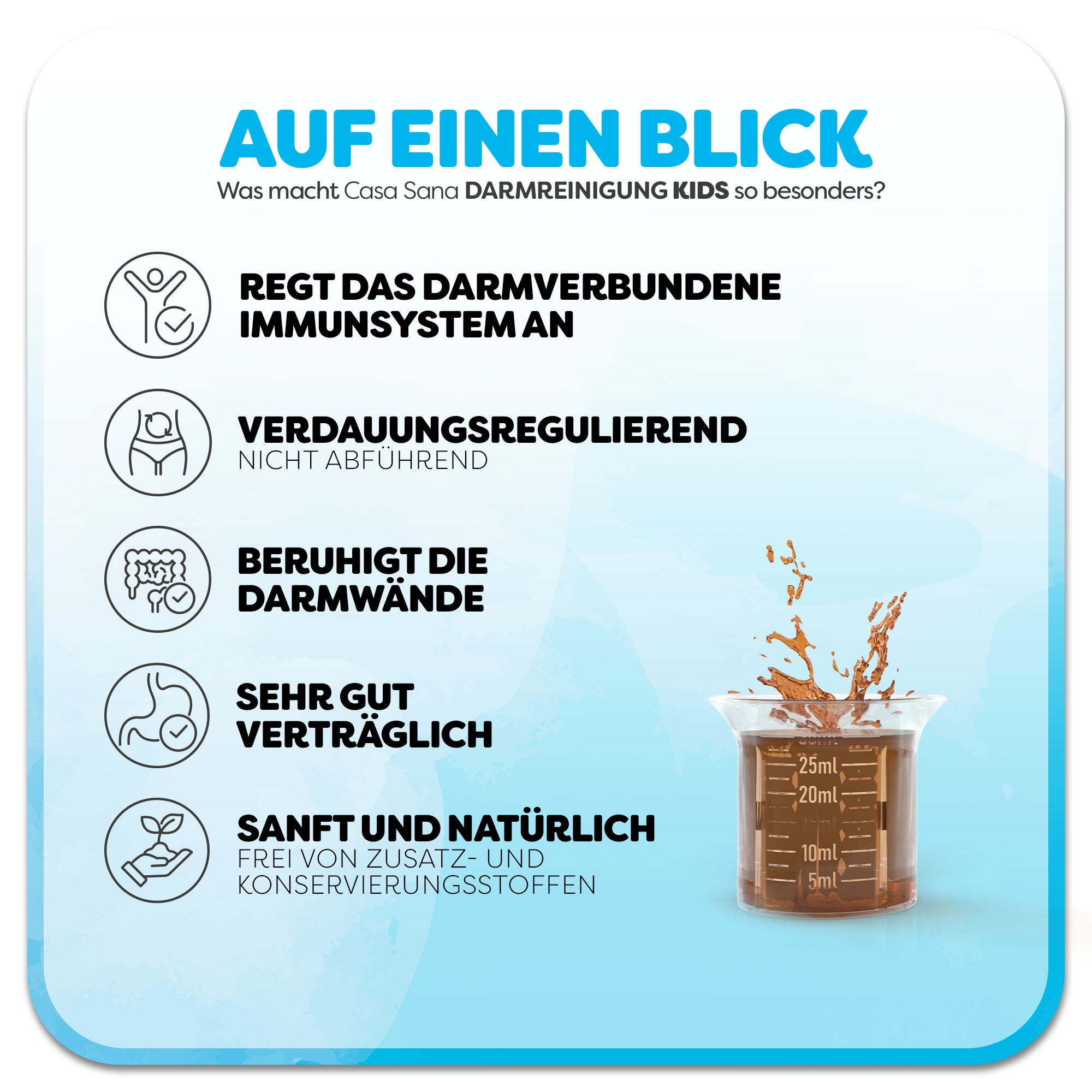 Informationsgrafik zu Casa Sana DARMREINIGUNG KIDS: Rechts steht ein kleiner Messbecher/Deckel, gefüllt mit braunem Saft. Überschrift: Was macht Casa Sana DARMREINIGUNG KIDS so besonders? Links befinden sich fünf Vorteile des Produkts: 1. regt das darmverbundene Immunsystem an, 2. verdauungsregulierend, 3. beruhigt die Darmwände, 4. sehr gut verträglich, 5. sanft und natürlich.