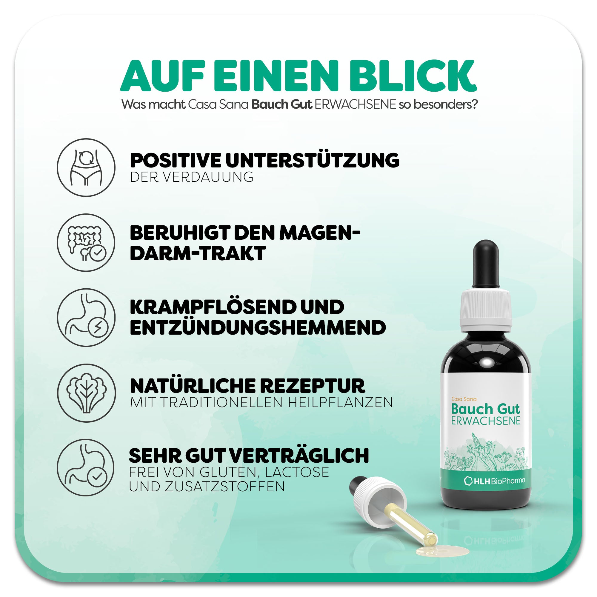 Informationsgrafik zum Casa Sana Bauch Gut ERWACHSENE:  Ein braunes Fläschchen mit grüner Silhouette einiger Pflanzen auf dem Etikett steht neben der liegenden Pipette. Überschrift: Was macht Casa Sana Bauch Gut ERWACHSENE so besonders? Links befinden sich fünf Vorteile des Produkts: 1. positive Unterstützung, 2. beruhigt den Magen-Darm-Trakt, 3. krampflösend und entzündungshemmend, 4. natürliche Rezeptur, 5. sehr gut Verträglich.