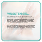 Auf dem Bild: Hände im Hintergrund. Im Vordergrund steht ein Textfeld mit der Überschrift ‚Wussten Sie‘ in mintfarbener Schrift. Darunter steht: Die menschlichen Zellen können durch verschiedene interne oder externe Einflüsse, wie oxidativen Stress, Entzündungen oder Toxine beschädigt werden. Langfristige Zellschädigungen können zu verschiedenen Krankheiten und Gesundheitsproblemen führen. Es ist wichtig, die Zellen mithilfe von Vitaminen, Mineralstoffen und Aminosäuren zu pflegen.
