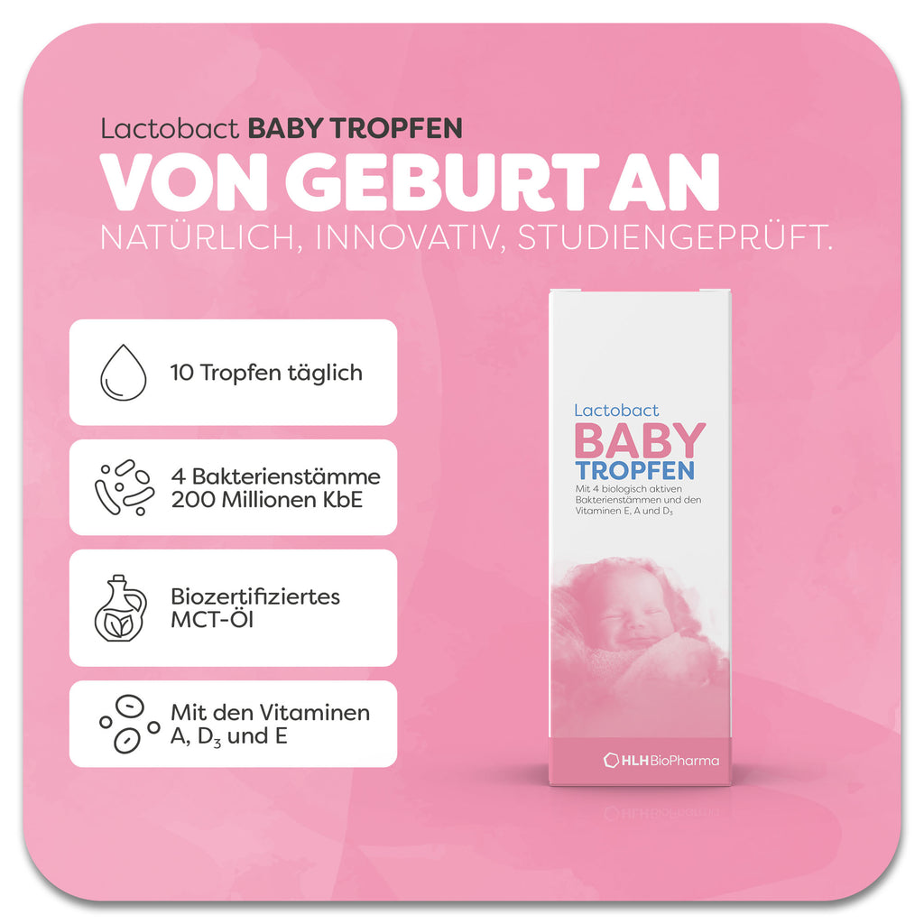 Produktbild von Lactobact BABY TROPFEN mit einem schlafendem Baby  auf der rosafarbenen Verpackung. Die Tropfen enthalten 4 Bakterienstämme, biozertifiziertes MCT-Öl und die Vitamine A3, D3 und E. 10 Tropfen täglich können in die Milch eingerührt oder direkt auf die Brustwarze gegeben werden. Natürlich, innovativ, studiengeprüft.