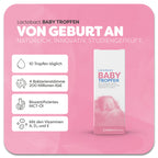 Produktbild von Lactobact BABY TROPFEN mit einem schlafendem Baby  auf der rosafarbenen Verpackung. Die Tropfen enthalten 4 Bakterienstämme, biozertifiziertes MCT-Öl und die Vitamine A3, D3 und E. 10 Tropfen täglich können in die Milch eingerührt oder direkt auf die Brustwarze gegeben werden. Natürlich, innovativ, studiengeprüft.