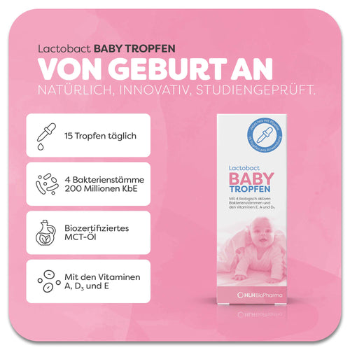 Produktbild von Lactobact BABY TROPFEN mit pastellpinken Aquarell-Fleck auf der Verpackung. Mit 4 Bakterienstämmen sowie den Vitaminen A, D3 und E in biozertifiziertem MCT-Öl. Anwendung: 15 Tropfen täglich. Natürlich, innovativ, studiengeprüft.