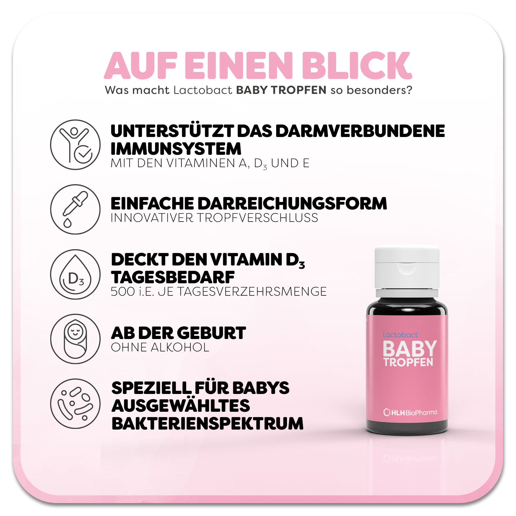 Informationsgrafik zu Lactobact BABY TROPFEN: Eine braune Flasche mit rosafarbenen Etikett. Überschrift: Was macht Lactobact BABY TROPFEN so besonders? Links befinden sich fünf Vorteile des Produkts: 1. unterstützt das darmverbundene Immunsystem, 2. einfache Darreichungsform, 3. Deckt den Vitamin D3 Tagesbedarf, 4. ab der Geburt, 5. Speziell für Babys ausgewähltes Bakterienspektrum.
