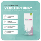 Produktbild vom Casa Sana FreeLaxan mit türkis-lilafarbenem Aquarell Wasserfleck auf der Verpackung. Das Produkt ist rein pflanzlich und enthält Manna-Esche, Inulin, Apfelpektin, Pflaumen- & Kiwisaft. Anwendung 2x2 Esslöffel täglich. Casa Sana FreeLaxan hat keine Alkoholzusätze. Natürlich, innovativ, studiengeprüft.