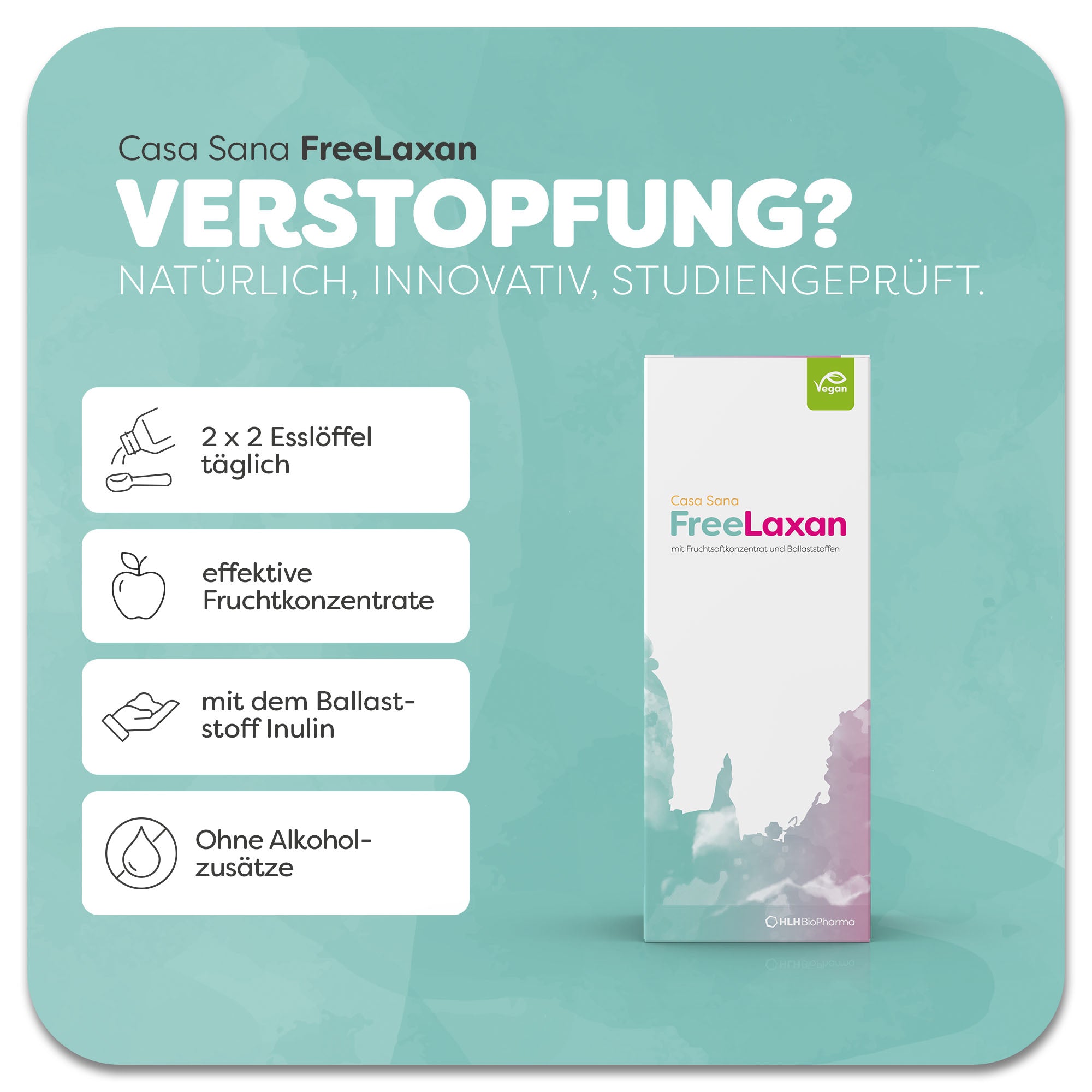 Produktbild vom Casa Sana FreeLaxan mit türkis-pinken Aquarell Wasserfleck auf der Verpackung. Das Produkt ist rein pflanzlich und enthält Manna-Esche, Inulin, Apfelpektin, Pflaumen- & Kiwisaft. Anwendung 2x2 Esslöffel täglich. Casa Sana FreeLaxan hat keine Alkoholzusätze. Natürlich, innovativ, studiengeprüft.