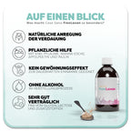 Informationsgrafik zum Casa Sana FreeLaxan: Eine braune Flasche mit rosafarbenem Aquarell Wasserfleck auf dem Etikett steht rechts neben einer Teelöffel-Darstellung. Überschrift: Was macht Casa Sana FreeLaxan KIDS so besonders? Links befinden sich fünf Vorteile des Produkts: 1. Natürliche Anregung der Verdauung, 2. Pflanzliche Hilfe durch Manna-Esche, Inulin, Apfelpektin, Pflaumen- & Kiwisaft, 3. Kein Gewöhnungseffekt, 4. Ohne Alkohol, 5. Sehr gut Verträglich.