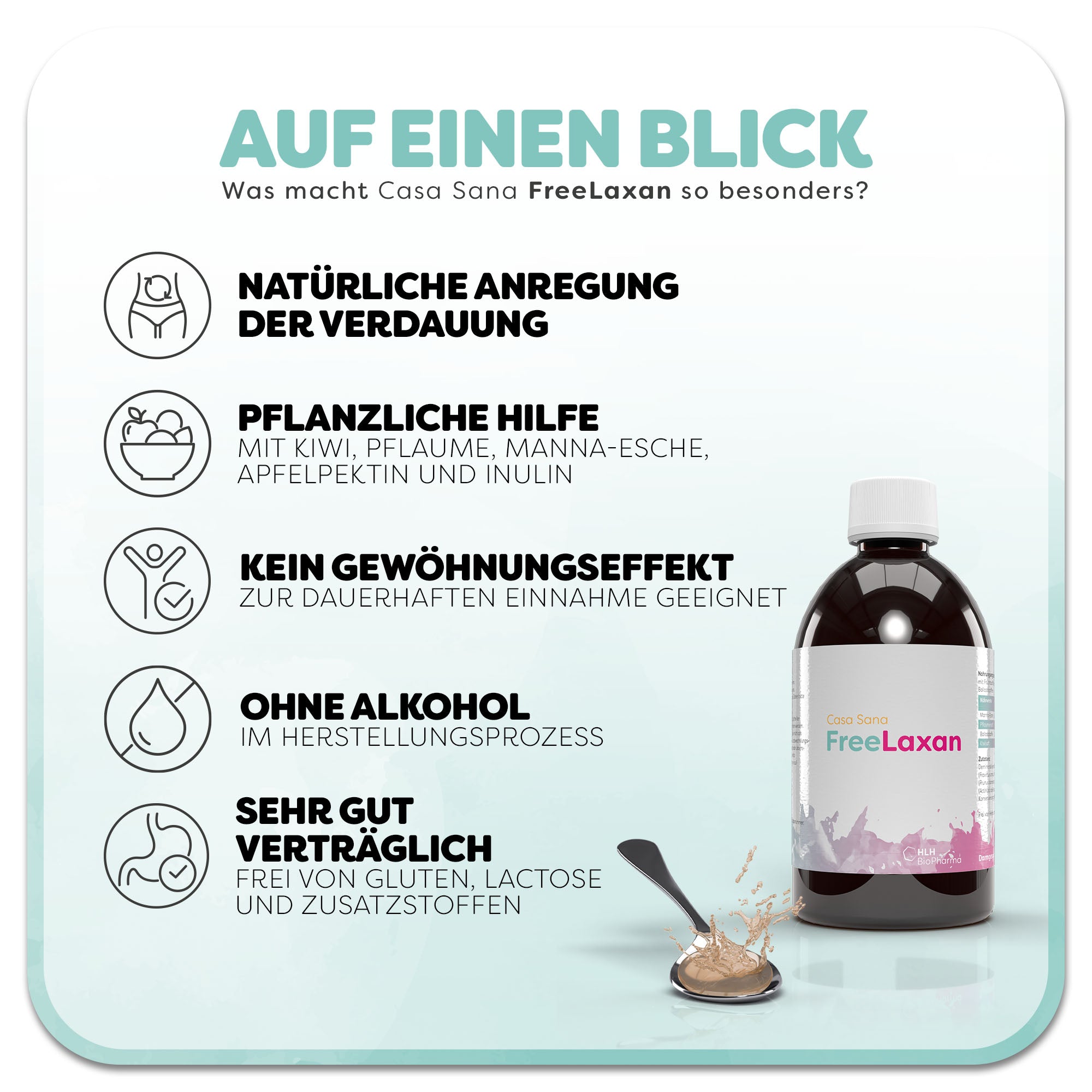 Informationsgrafik zum Casa Sana FreeLaxan: Eine braune Flasche mit rosafarbenem Aquarell Wasserfleck auf dem Etikett steht rechts neben einer Teelöffel-Darstellung. Überschrift: Was macht Casa Sana FreeLaxan KIDS so besonders? Links befinden sich fünf Vorteile des Produkts: 1. Natürliche Anregung der Verdauung, 2. Pflanzliche Hilfe durch Manna-Esche, Inulin, Apfelpektin, Pflaumen- & Kiwisaft, 3. Kein Gewöhnungseffekt, 4. Ohne Alkohol, 5. Sehr gut Verträglich.