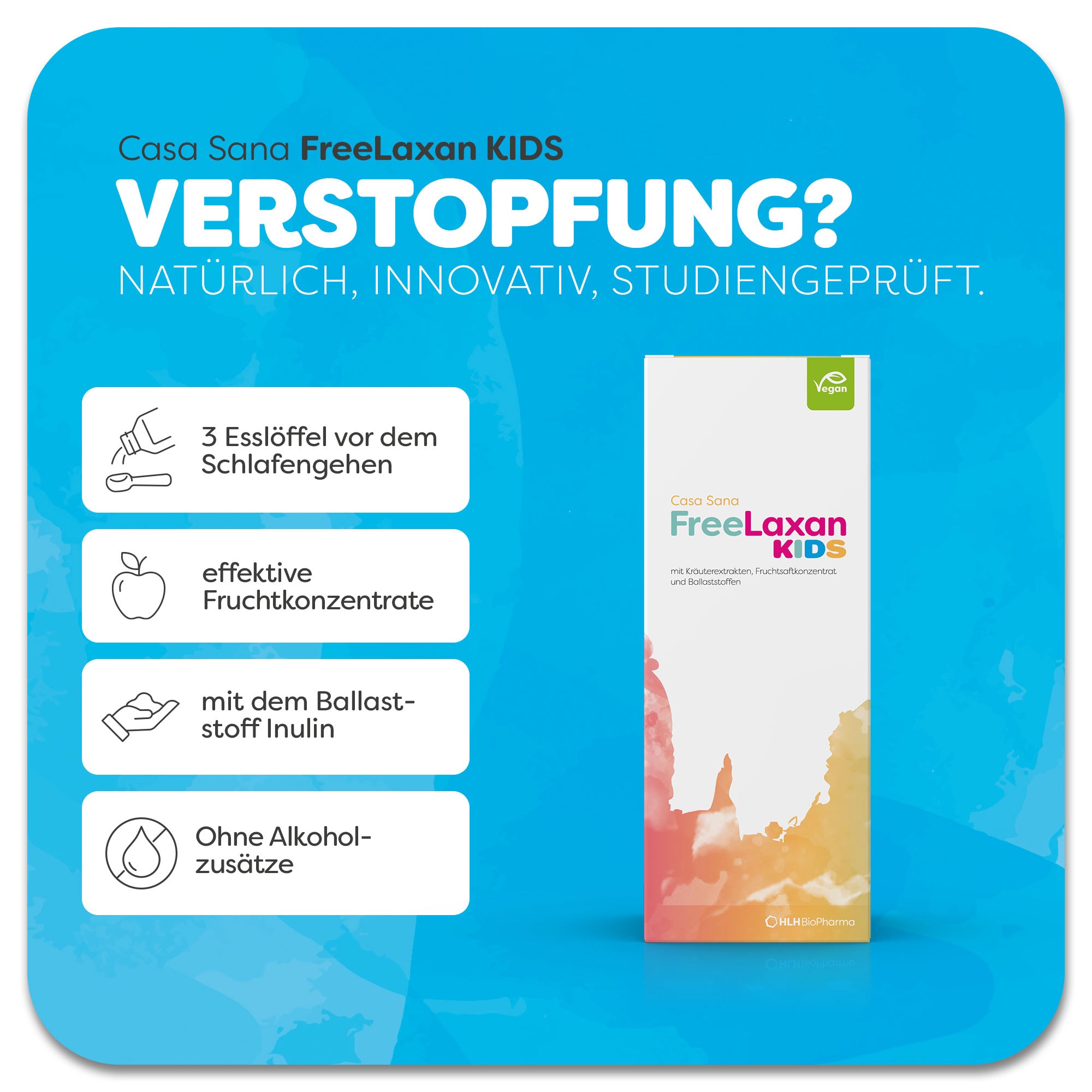 Produktbild vom Casa Sana FreeLaxan KIDS mit orange-gelbfarbenem Aquarell Wasserfleck auf der Verpackung. Das Produkt ist rein pflanzlich und enthält Manna-Esche, Malve, Inulin, Apfelpektin, Pflaumen- & Apfelsaft. Anwendung 3 Esslöffel vor dem Schlafengehen. Casa Sana FreeLaxan KIDS hat keine Alkoholzusätze. Natürlich, innovativ, studiengeprüft. 